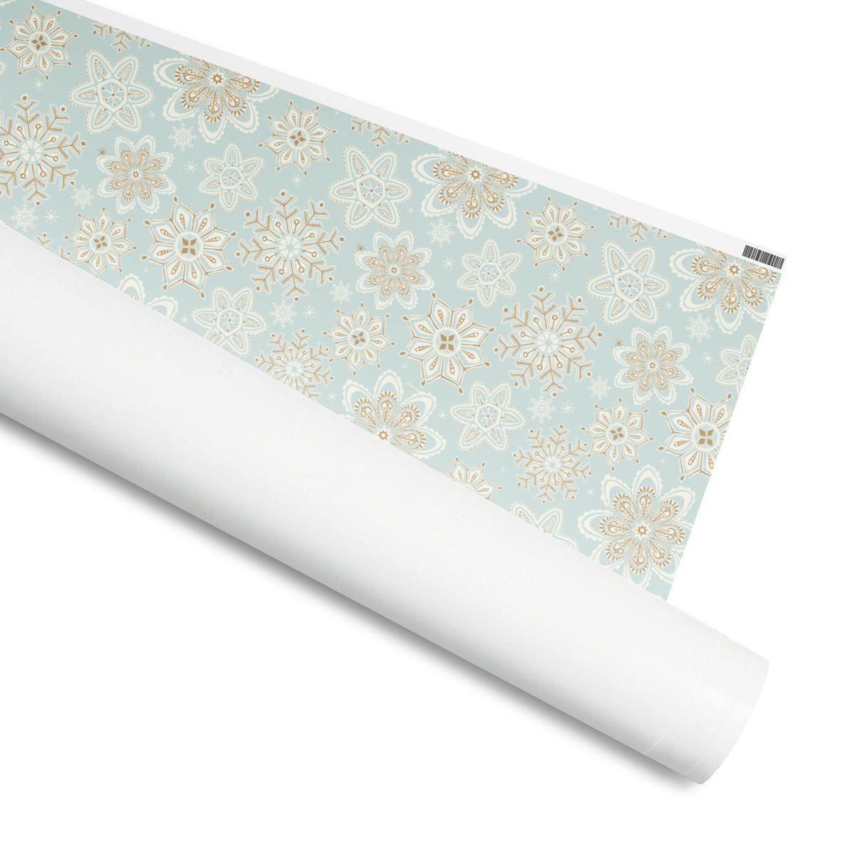Flurry gift wrap, white and gold snowflakes on powder blue dots, 30 by 72 inch matte paper, shown partly rolled – Kate Spain design