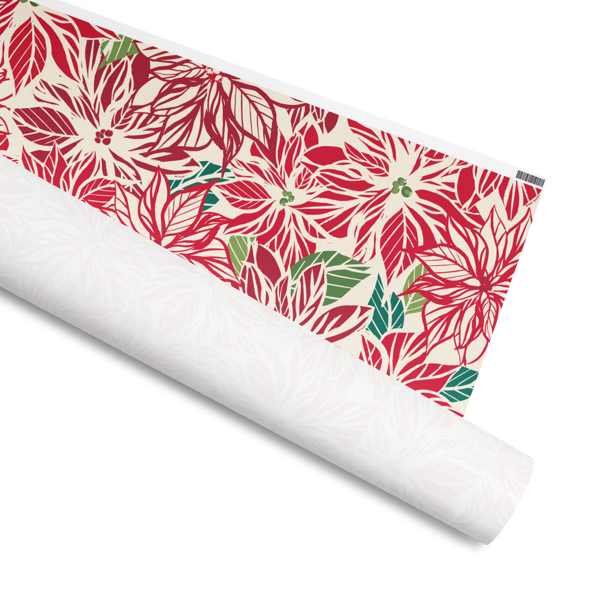 Poinsettia gift wrap, oversized red and cream poinsettias with green and teal leaves, 30 by 72 inch matte paper, shown partly rolled – Kate Spain design