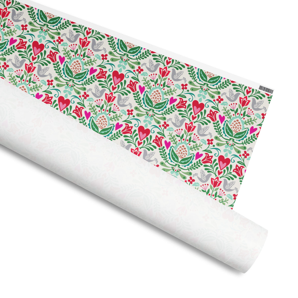 Rosemaling gift wrap, folk-art tulips, hearts and doves in red, pink, green and aqua on cream, 30 by 72 inch matte paper, shown partly rolled – Kate Spain design