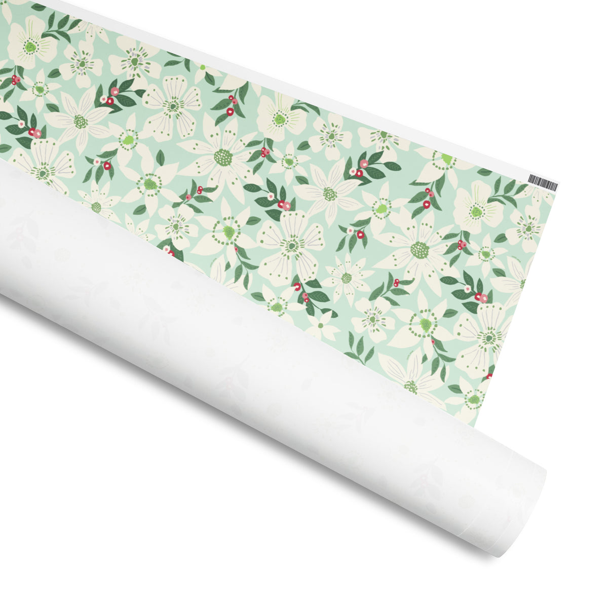 Gardenia gift wrap, white gardenias, deep green leaves and red berries on soft mint, 30 by 72 inch matte paper, shown partly rolled – Kate Spain design