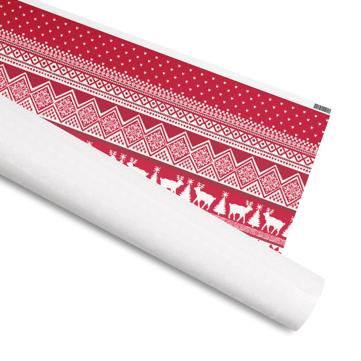 Telemark Fair Isle gift wrap, Fair Isle bands of hearts and snowflakes with a reindeer and pine border on crimson, 30 by 72 inch matte paper, shown partly rolled – Kate Spain design