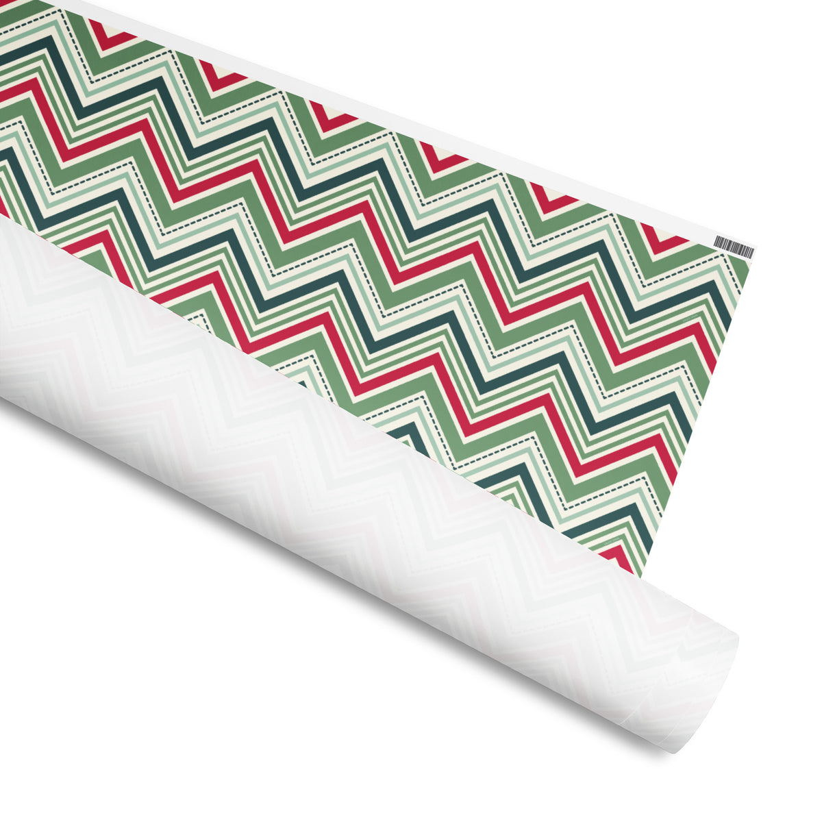 Chevron Stripe gift wrap, crimson, sage, forest green and teal zigzag stripes, 30 by 72 inch matte paper, shown partly rolled – Kate Spain design